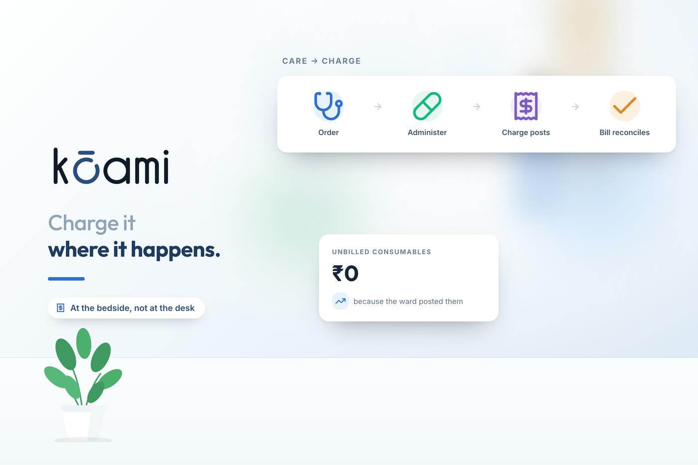 Capturing charges as care happens — Kōami guide