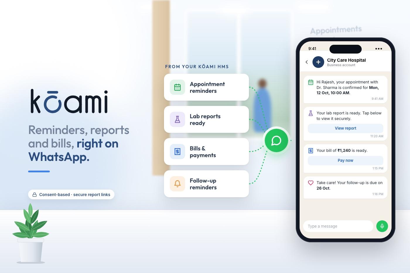 WhatsApp for hospitals: reminders, reports and bills from your HMS — Kōami guide